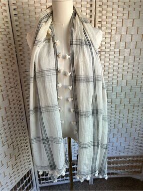 EILEEN FISHER Textured Organic Cotton Plaid Pompom Scarf White Black 72”